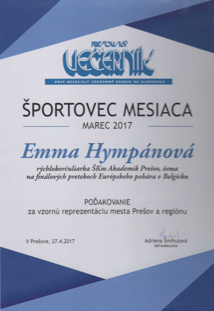 Emma Hympánová, Poďakovanie za vzornú reprezentáciu